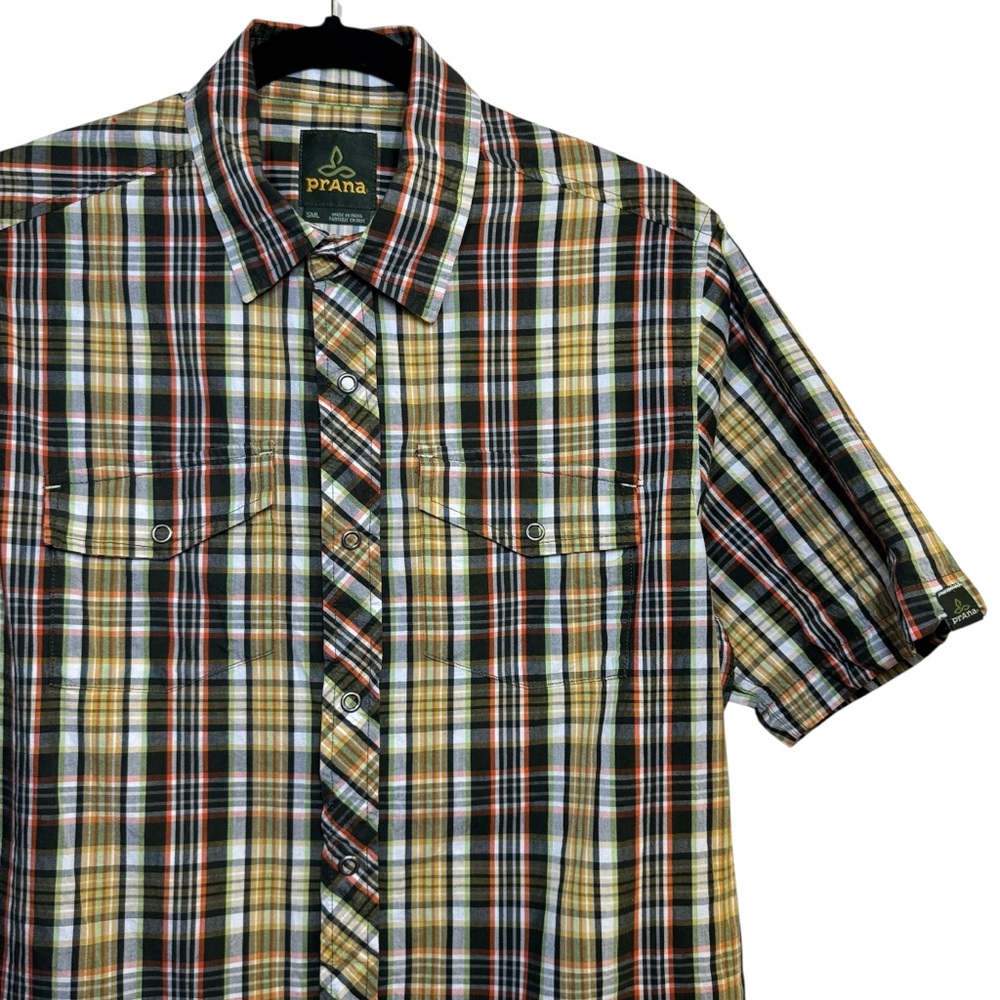 prAna Men’s Small Green Plaid Organic Cotton Short Sleeve Snap Button Shirt